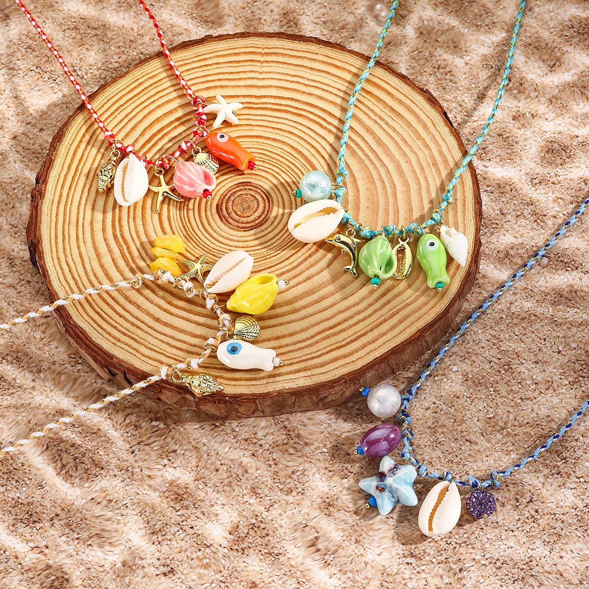 2025 Fashion Colorful Rope Woven Shell Starfish Ceramic Small Fish Pendant Necklace Womens Summer Bohemian Jewelry 250704