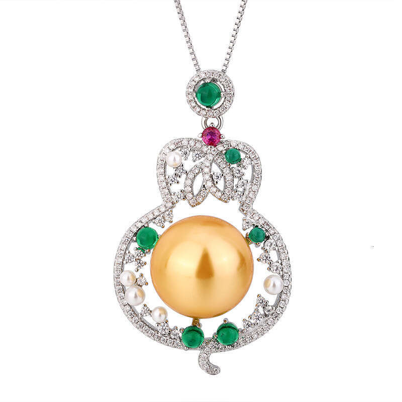 Fashion Red Gourd Pearl Necklace With Hollow Emerald Zircon Pendant For Women 393