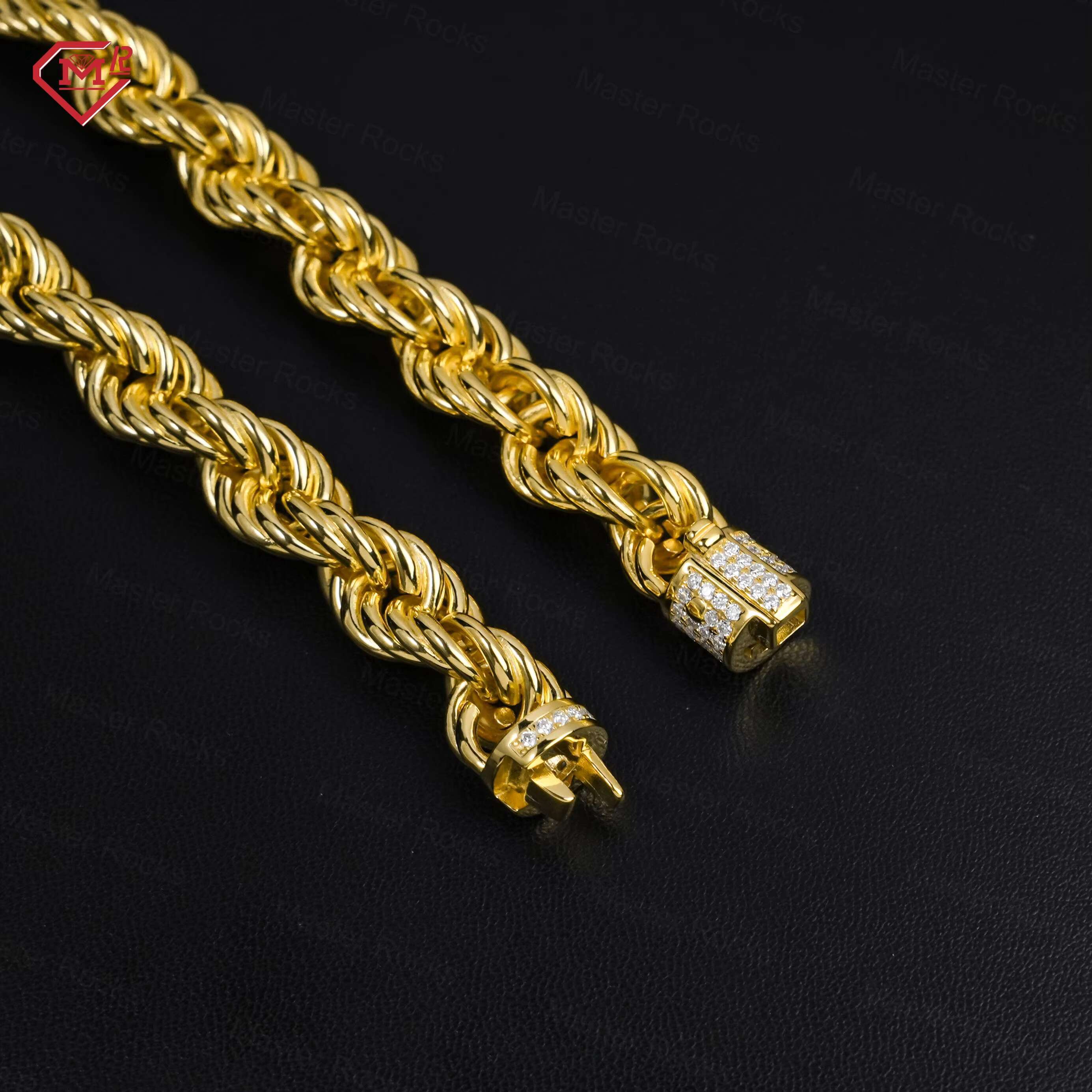 9mm Hip Hop Rope Chain 925 Silver Twisted Gold Plated Iced Out Clasp VVS Moissanite Cuban Link Chain