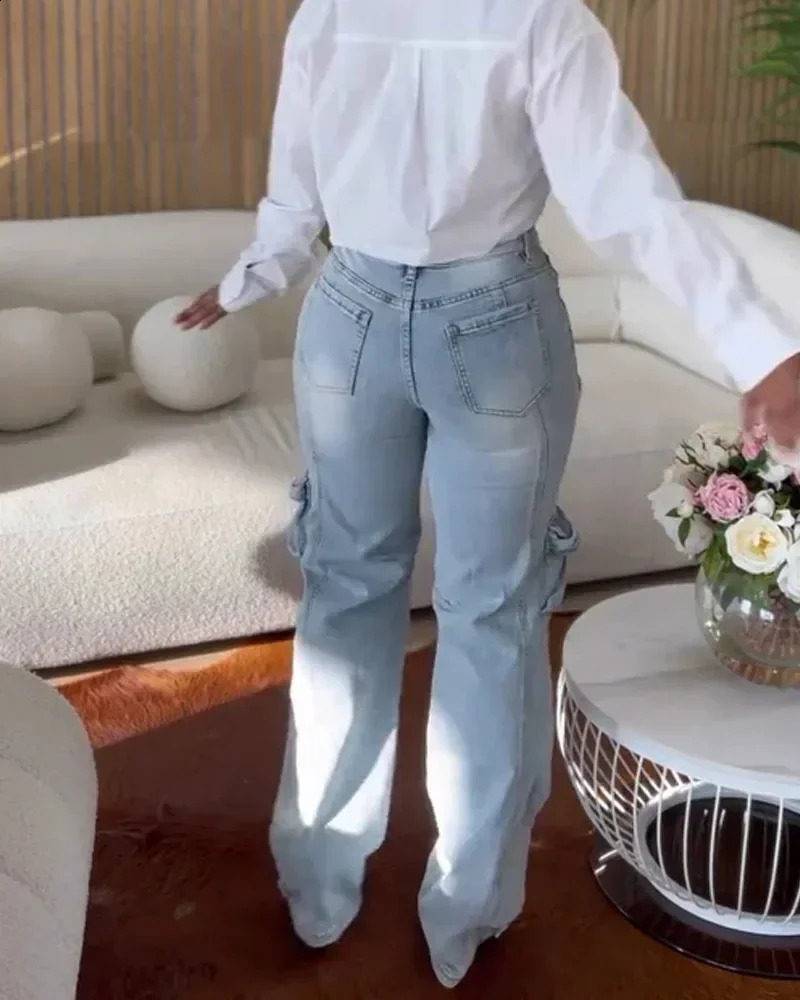 CM.YAYA Women Cutout Diamonds Crystal Hollow Out Straight Denim Pants Fall Multi Pocket High Waist Wide Leg Jeans Trousers 250703