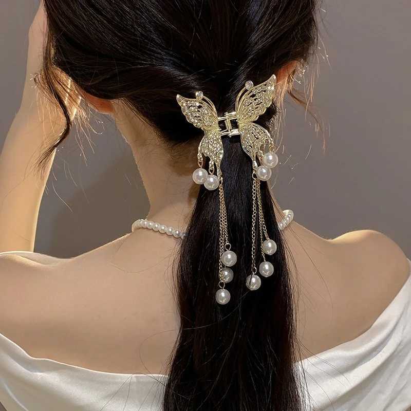 Super Fairy Butterfly Tassel Grab Pearl Tassel Hair Claws Rhinestone Clip Korean Shark Ponytail Crab Clip Girls Hair Accessories Y250707