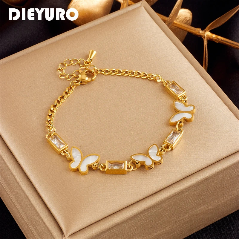 DIEYURO 316L Stainless Steel White Square Crystal Butterfly Charm Bracelet For Women Fashion Girls Bangles Jewelry Gifts 250707