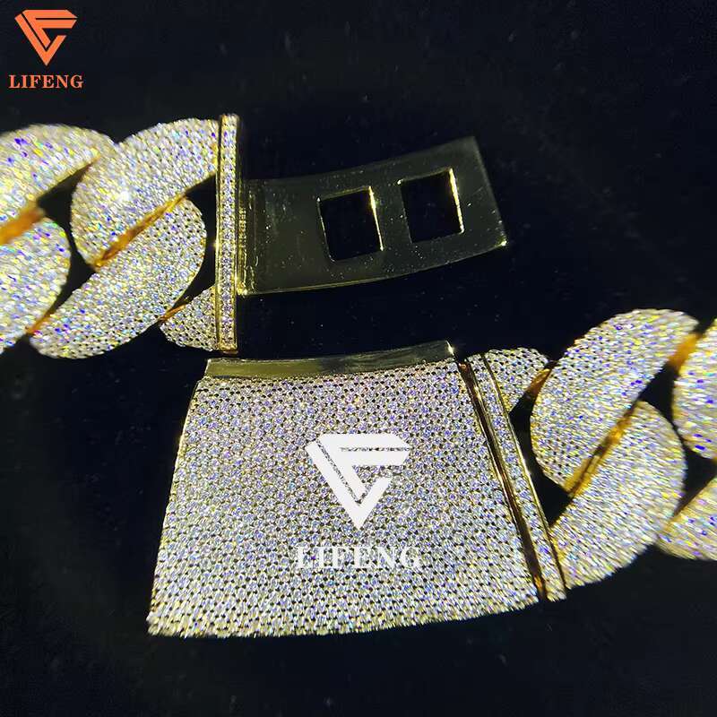 New Fashion 925 Silver Moissanite Diamond Necklace 25mm Ice Bubble Chain Gold Plated Cuban Link Alloy for Men for Hip-hop