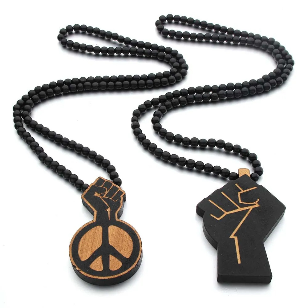 SOMESOOR Africa Map Wood Beads String Necklace Afro Lion Peace Symbol Power Fist Pendant Hip Hop Jewelry For Men Women Gifts 250704