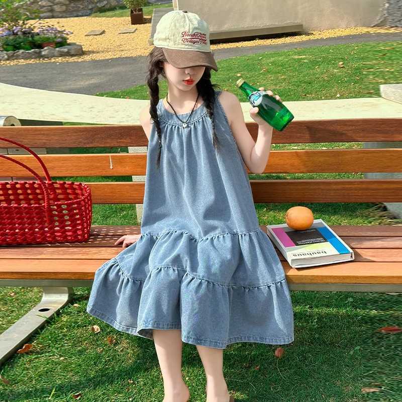 Girls Summer Dress 2025 New Style Children Stylish Denim Vest Skirt Princess Skirt Girls Summer Loose Thin 5-15 Years Old R250707