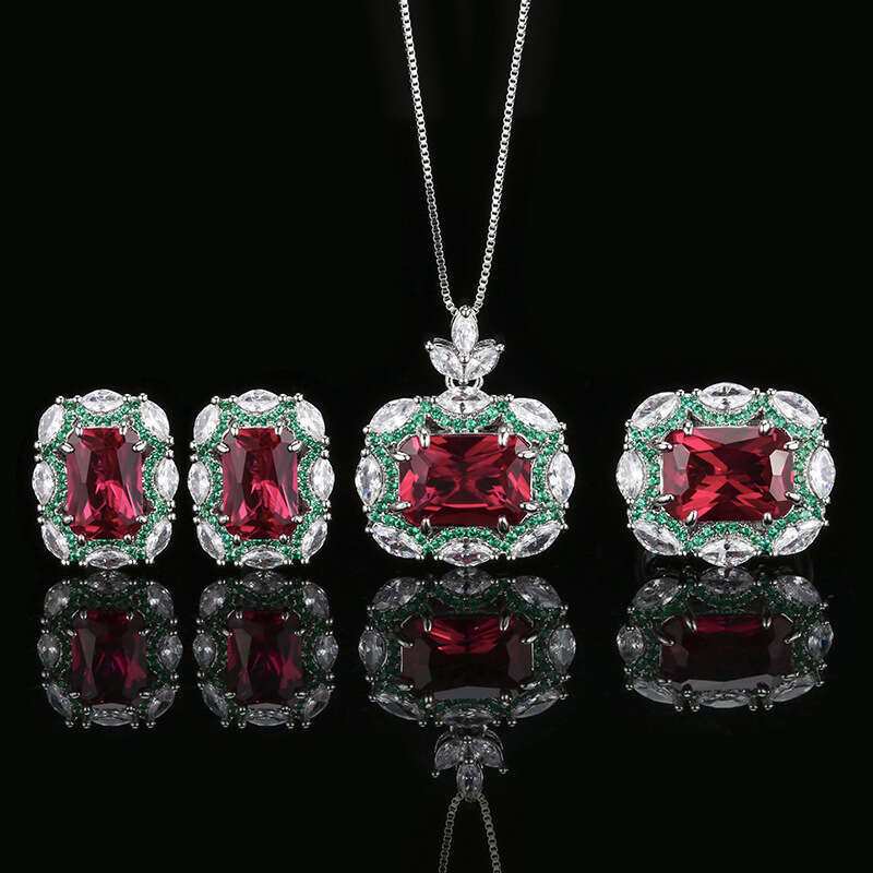 Wind Jewelry Set Necklace Ring Earrings Red Corundum Color-Changing High-End Light Fashion Women De3