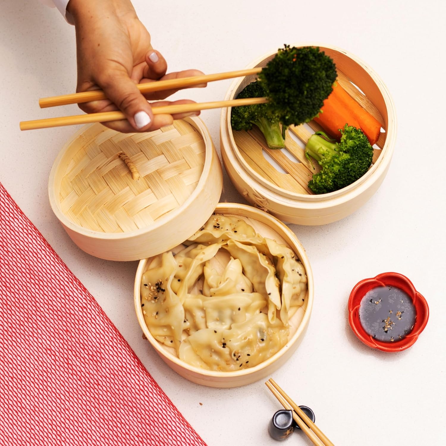 10 Inch 2-Tier Natural Bamboo Steamer - Reinforced Handle & Liner for Dumplings, Dim Sum, Buns | Traditional Chinese/Japanese Steamer Basket for Veget