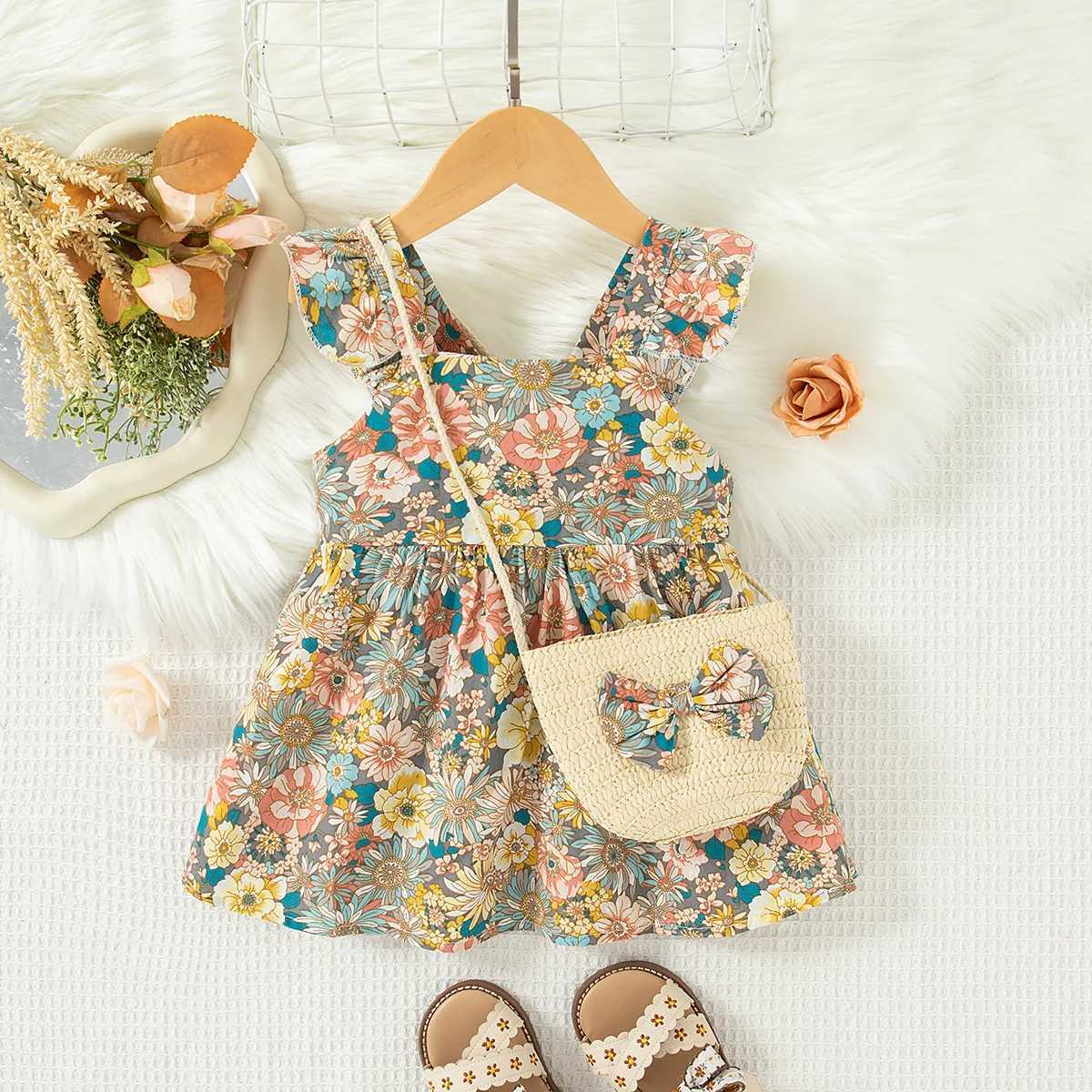 Baby Girl Clothes Summer Full Printed Daisy Pattern Halter Baby Girl Dress Cute Casual Vacation Girl Kids Dress With Bag R250707