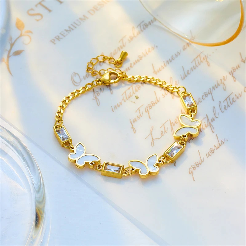 DIEYURO 316L Stainless Steel White Square Crystal Butterfly Charm Bracelet For Women Fashion Girls Bangles Jewelry Gifts 250707