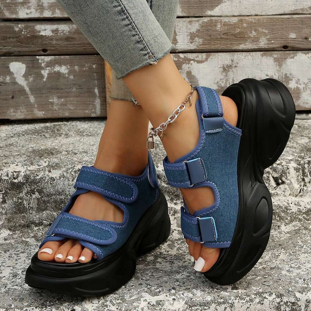 New Style Platform Magic Tape Large Size Thick Sole Sandals Denim Women's Shoes