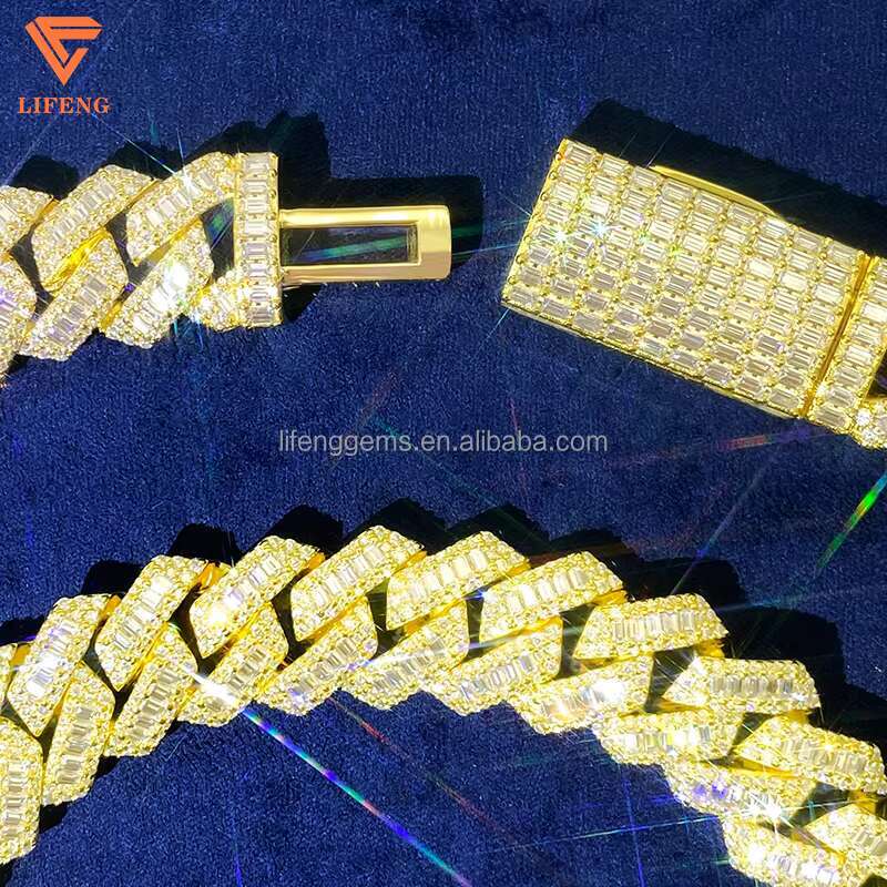 Lifeng Jewelry 18K Gold Plated Moissanite Cuban Link Chain Necklace Hip Hop Style Iced Diamond Miami Baguette Silver Cuban Chain
