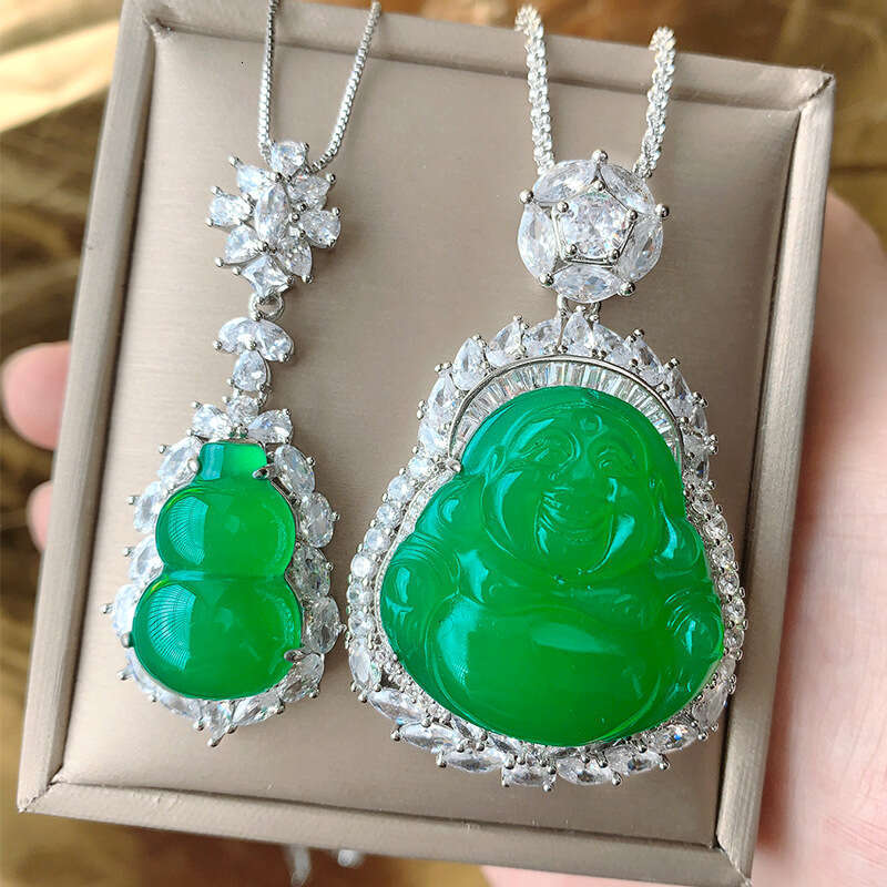 New Chinese National Style Jewelry Green Pendant Peace Gourd Maitreya Buddha Necklace Chalcedony For Women 942
