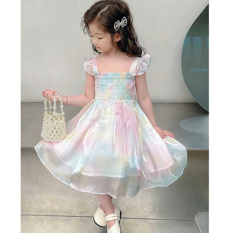 1-8 Years Cute Summer Princess Girls Dress Gradient Rainbow Butterfly Decoration Mesh Dress For Girls Party Prom Gown Clothes R250707