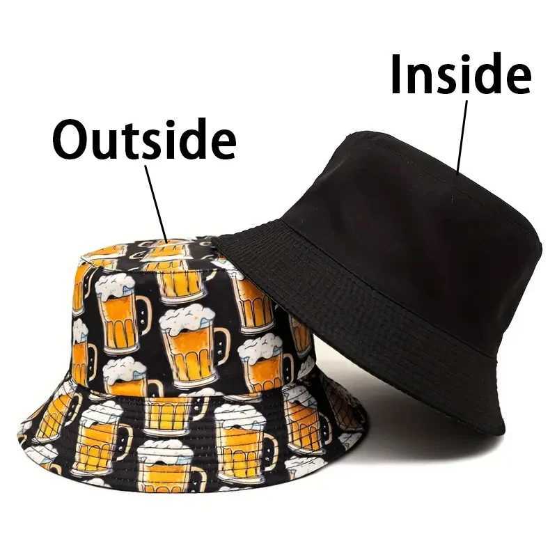 Bocca Cartoon Beer Bucket Hat Funny Printing Pattern Fisherman Hats Double Sides Panama Hat For Men Women Outdoor Sun Summer New Y250707