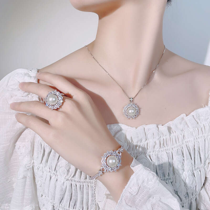 New Jewelry Tiktok Live Pearl Gemstone Set Necklace Bracelet Ring Women's High-End Versatile 178