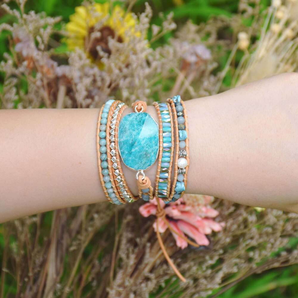 Wrap Crystal 5-Layer Leather Strap Multi-Layer Bohemian Woven Statement Bracelet