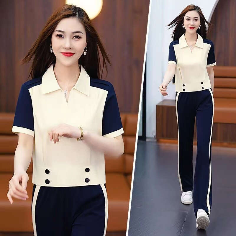 Turn-Down Collar Sports Suit For Women Summer New Casual Commuting Fashion Age-Reducing Stylish Two-Piece Set B5