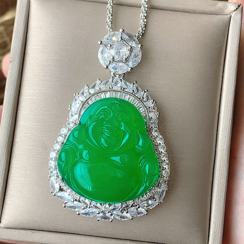 New Chinese National Style Jewelry Green Pendant Peace Gourd Maitreya Buddha Necklace Chalcedony For Women 942