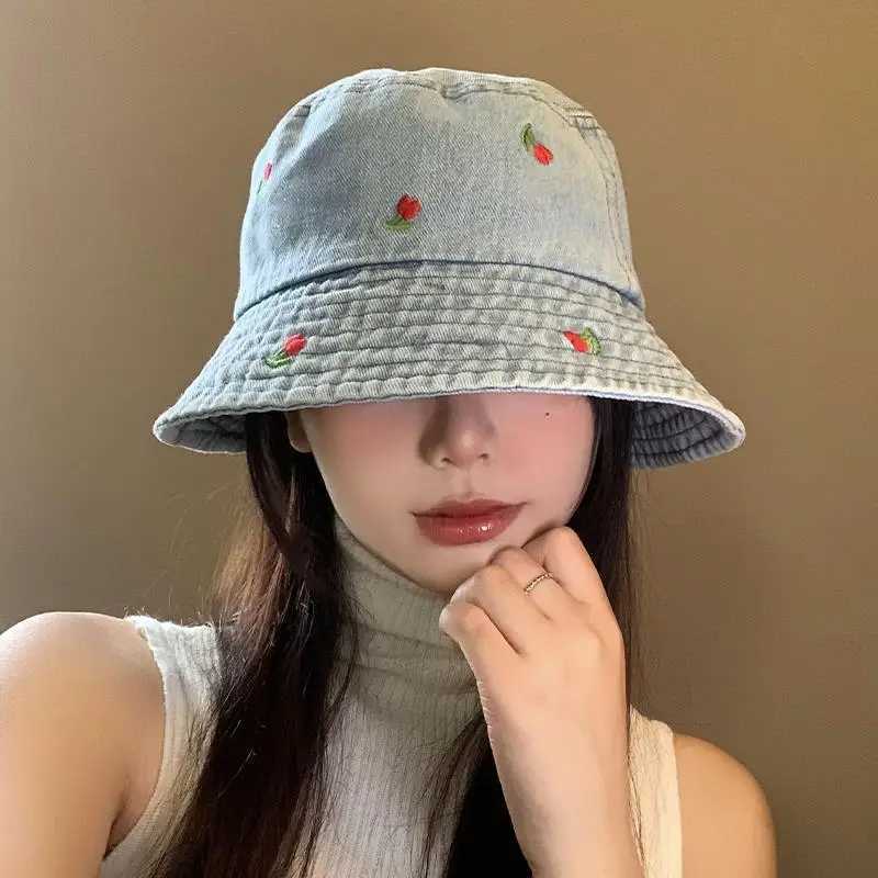 New Summer Hat For Women Denim Bucket Hat Embroidery Heart Butteryfly Daisy Wide Brim Fisherman Spring Best Matched Sun Hat Y250707