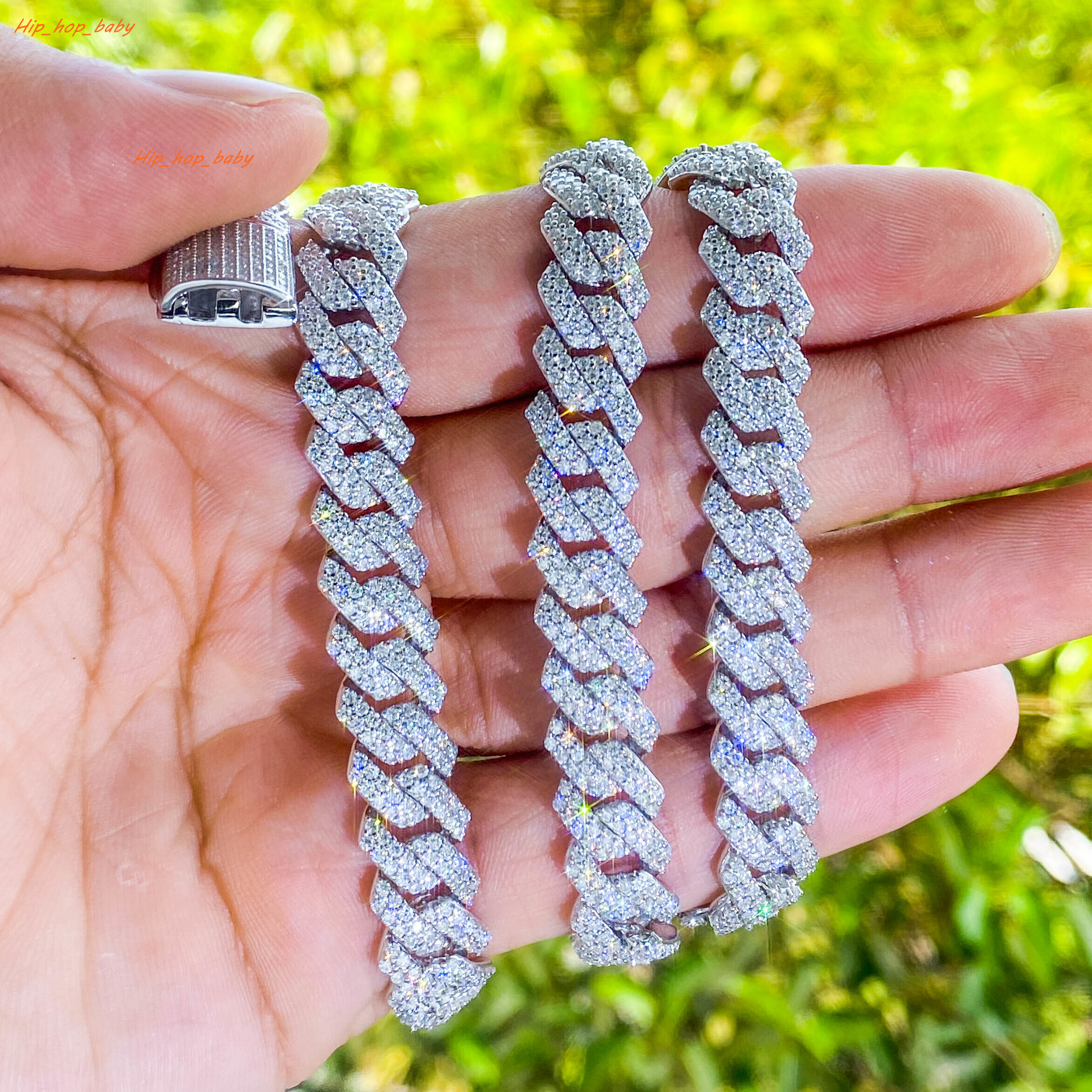 Wholesale15mm 3 Row Stone Moissanite 925 Sterling Silver Iced Out Hip Hop Miami Cuban Link Chain Necklace Moissanite Cuban Chain