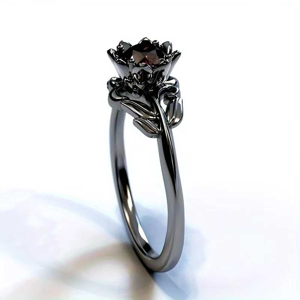 Womens Flower Shaped Red Crystal Ring Gun Black Electroplated Handmade Classic Jewelry Inlaid Cubic Zirconia Party Gift for Her XJ250707
