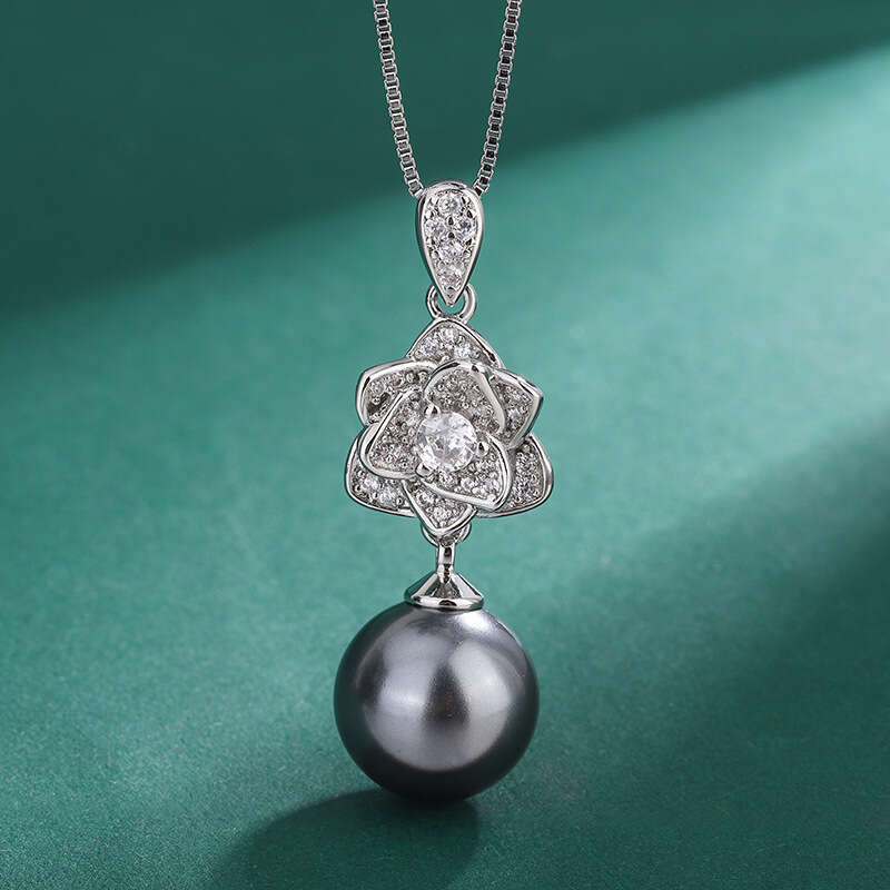 Camellia Set 12Mm Necklace New Inlaid Gray Shell Pearl Stud Earrings For Women Fashion 327