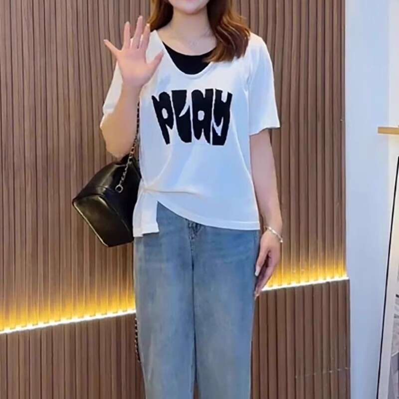 Fake Two-Piece Round Neck Short Sleeve T-Shirt For Women Summer Large Size Design Sense Patchwork Color Block Letter Commuter Top B5