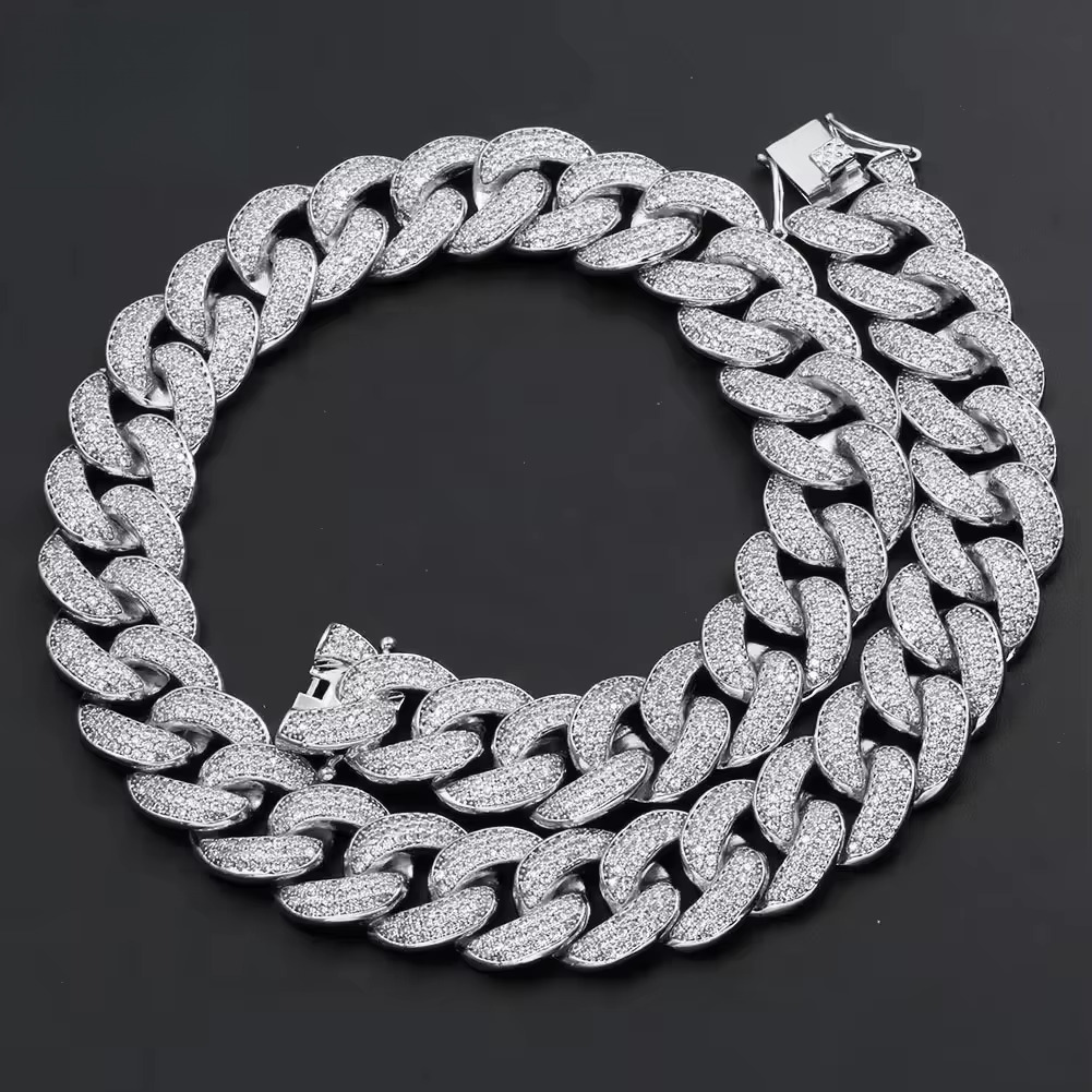 Customized S Sterling Sier Cuban Link Necklace 20mm Wide with 3 Rows GRA D/VVS Moissanite Hip Hop Style Jewelry