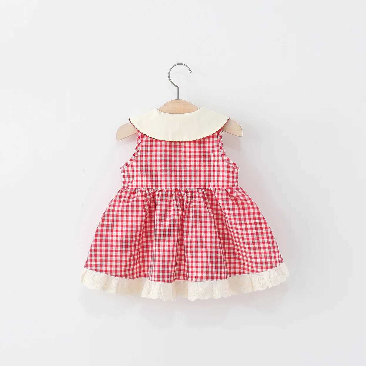 Baby Girl Summer Dress Red Checkered Cotton Sleeveless Cute Cherry Embroidery Bow Girl Princess Dress R250707
