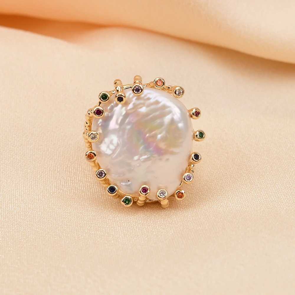 G-G Cultured White Coin Keshi Pearl Rings Mix Color CZ Paved Gold Plated Ring For Women Valentines Day Jewelry XJ250707