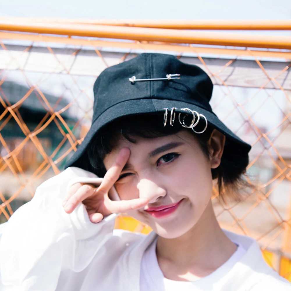 XaYbZc Solid Color Iron Pin Rings Personality Bucket Hat For Unisex Women Men Cotton Fishermen Cap Factory Sells Directly Y250707