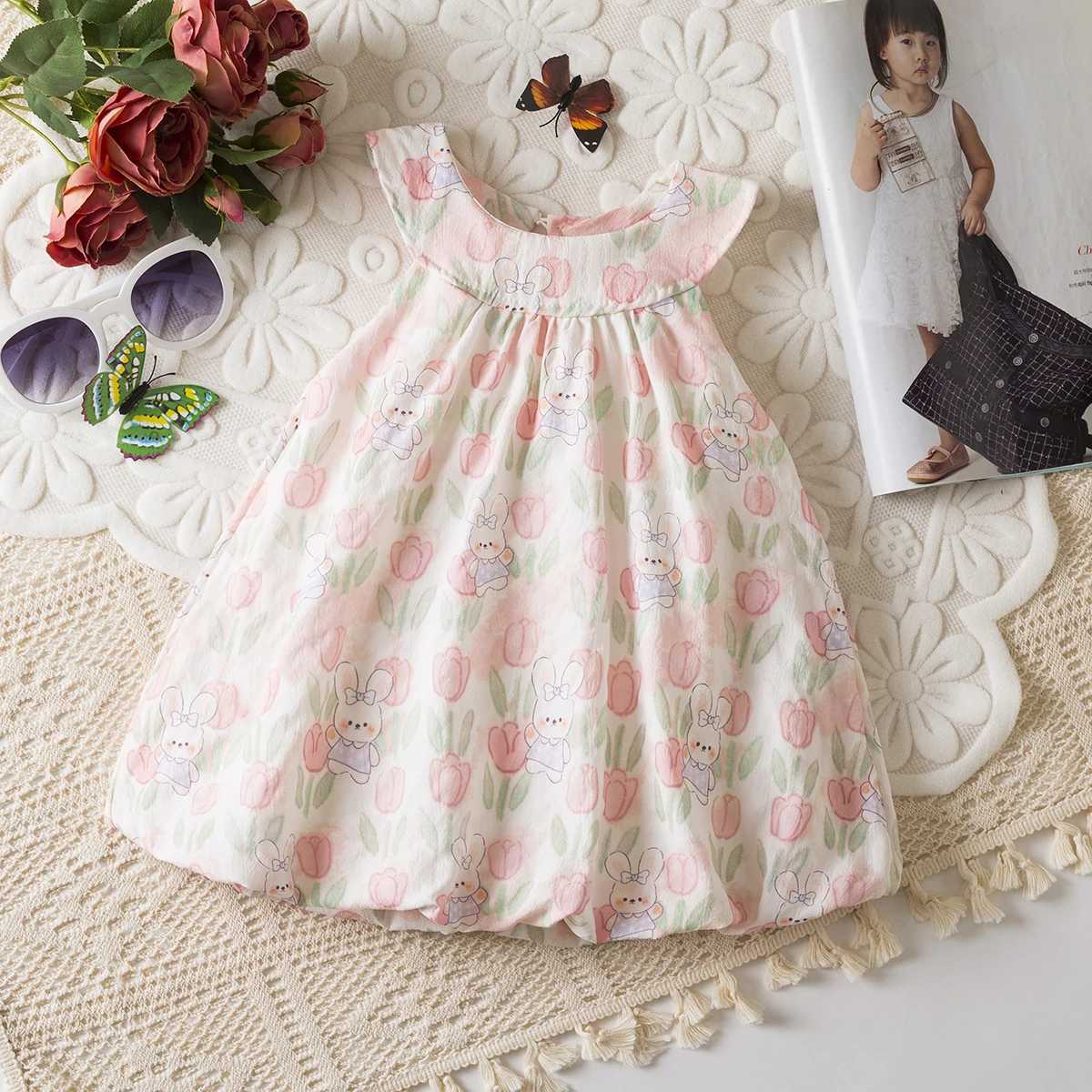 Baby Girl Summer Dress Full Print Tulip And Cartoon Rabbit Pattern Round Neck Cute Casual Girl Dress R250707