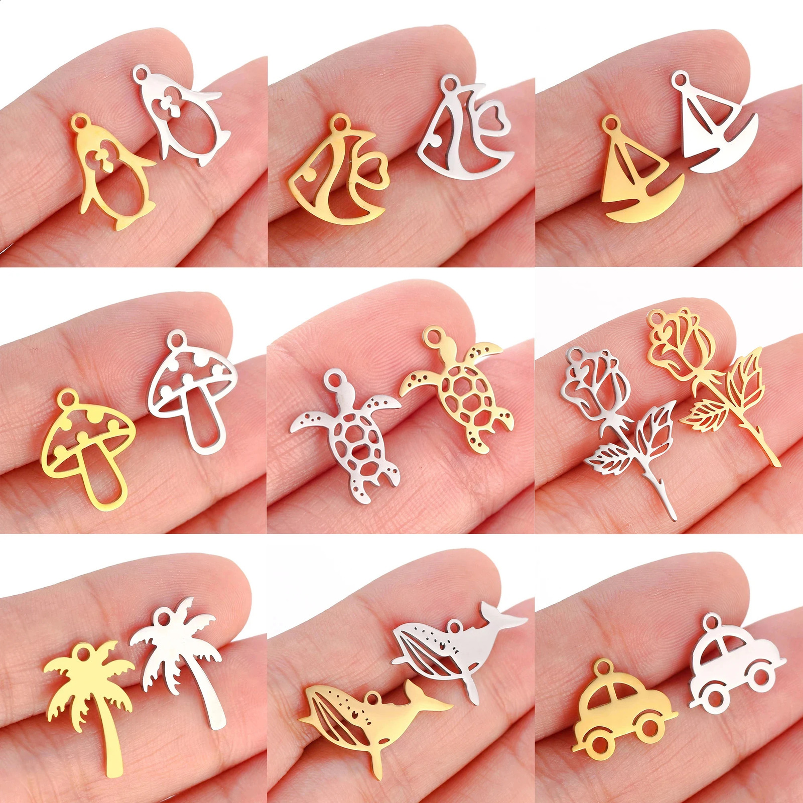 5pcsLot Marine Life Charms Stainless Steel Coconut TreeRoseSailing Boat Pendants DIY Necklace Bracelet Jewelry Making 250625
