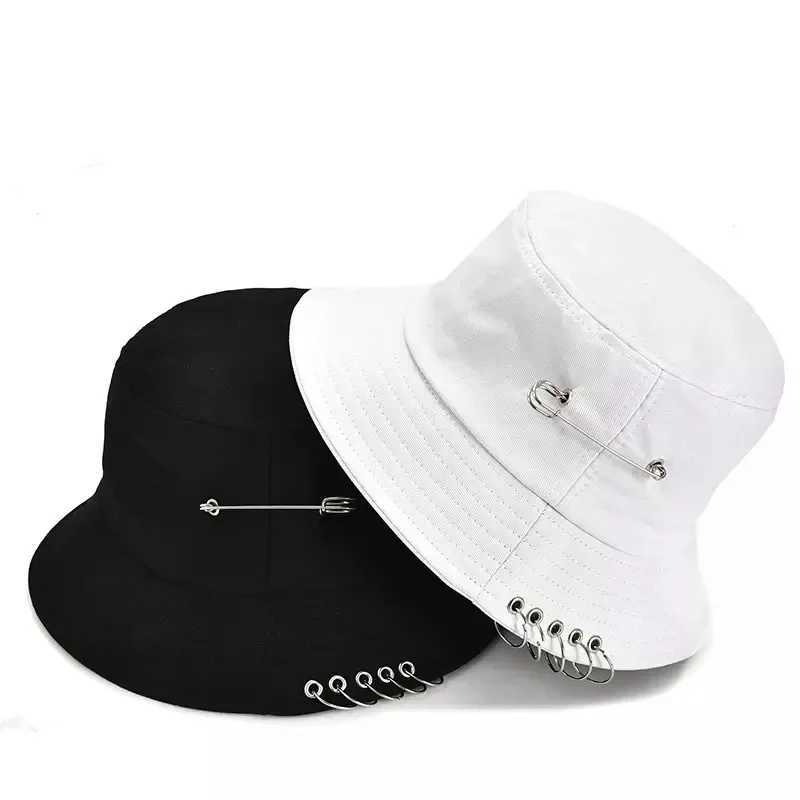 Bucket Hat for Women Men Teens Fashion Caps Hip Pop Kpop Black White Pink Fisherman Sun Hat with Big Metal Pins Rings Y250707