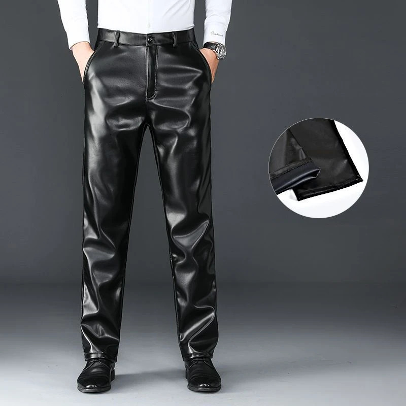 Men Gothic Pants Plus Fleece Thicken Winter Waterproof Straight Loose Elastic Comfortable Moto Biker Casual Leather Trousers 250704