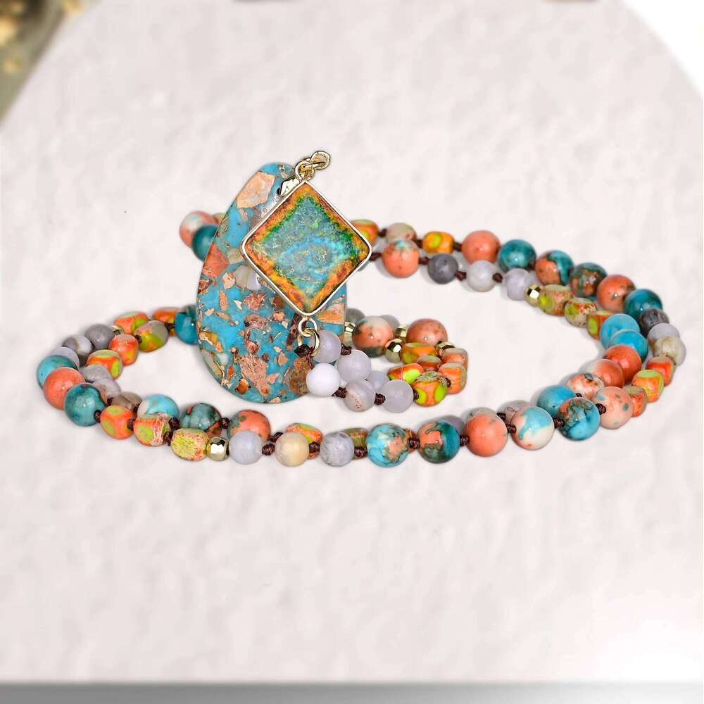 Bohemian Style Imperial Jasper Beaded with Teardrop Pendant Handmade Jewelry Necklace