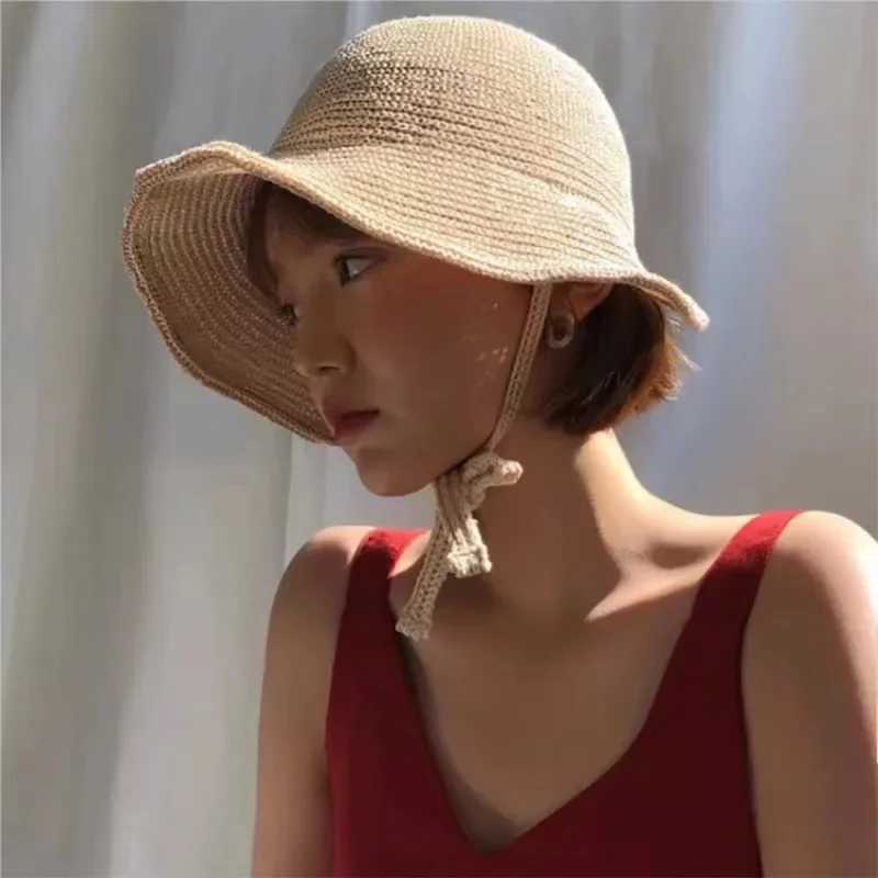 Japanese Cute Strap Loli Caps for Women Spring Summer Travel Versatile Sunscreen Fashion Wide Brim Show Face Small Bucket Hat Y250707