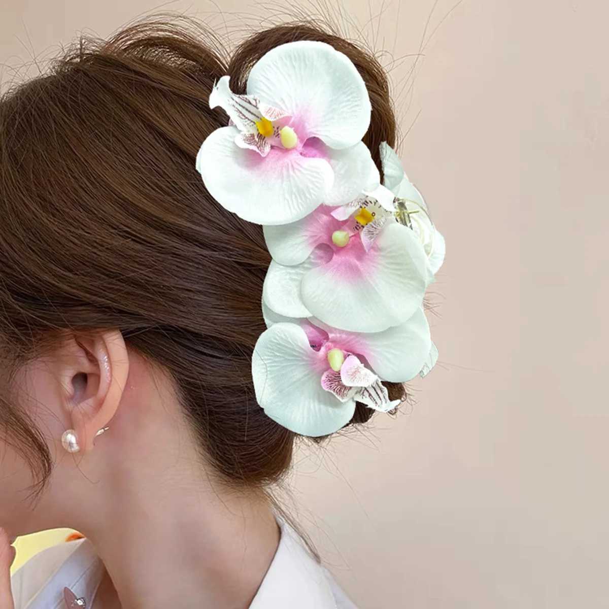 AWAYTR Phalaenopsis Orchid Hair Claw Flower Shark Clip Women Retro Floral Exaggerated Wedding Party Hair Clip Hair Accessories Y250707