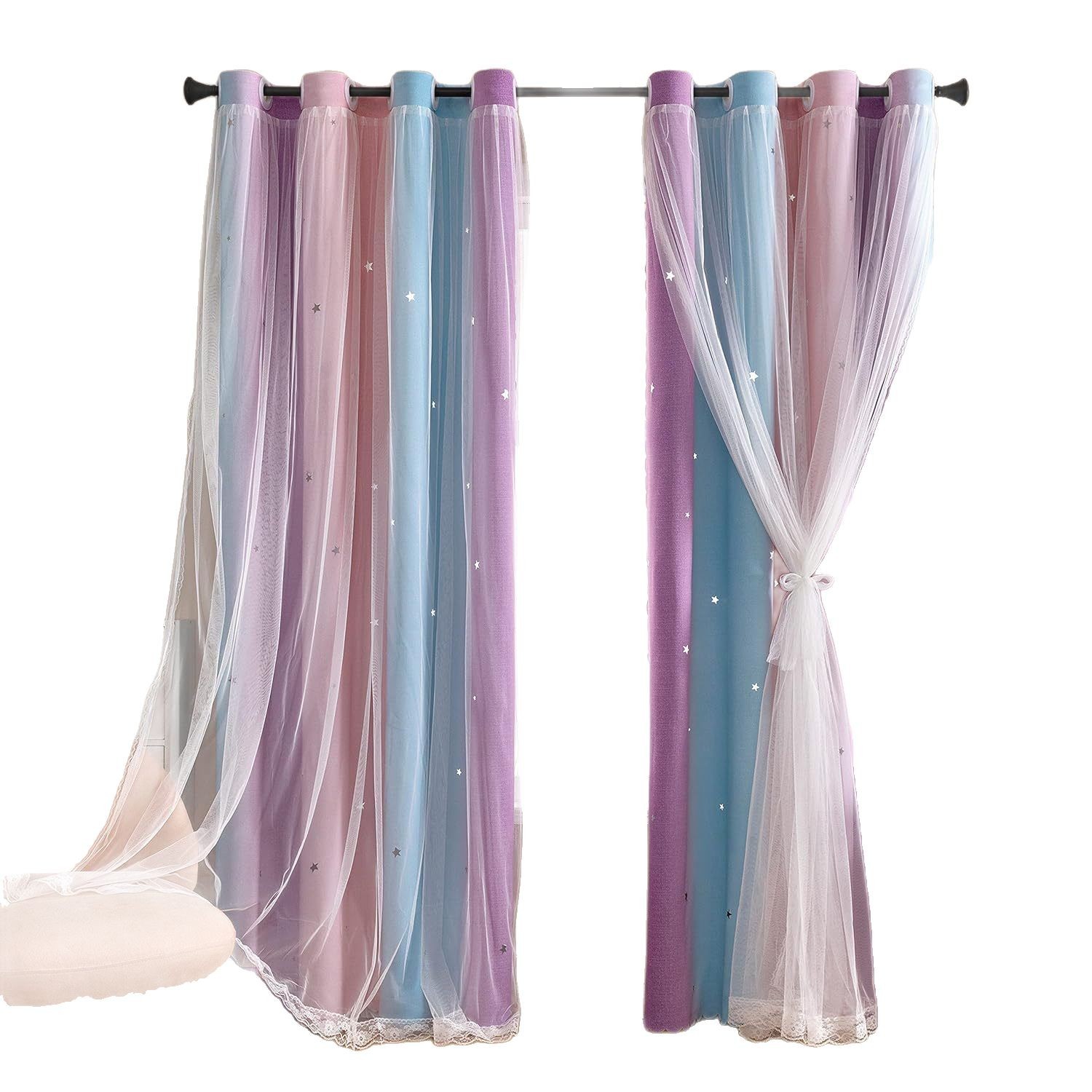 YL-36075 rainbow color curtain bedroom gauze curtain gradient curtain double lace curtain finished rod star