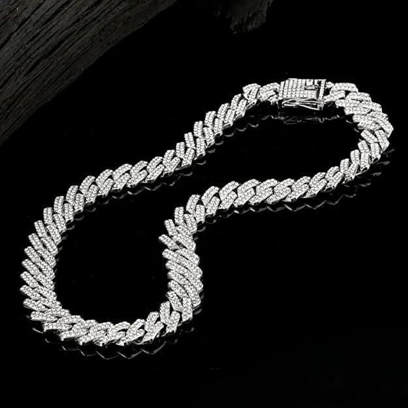 Hiphop Cuban Link Chain 15mm 2 Row Iced Out Chain Men 925 Silver Vvs Moissanite Cuban Chain