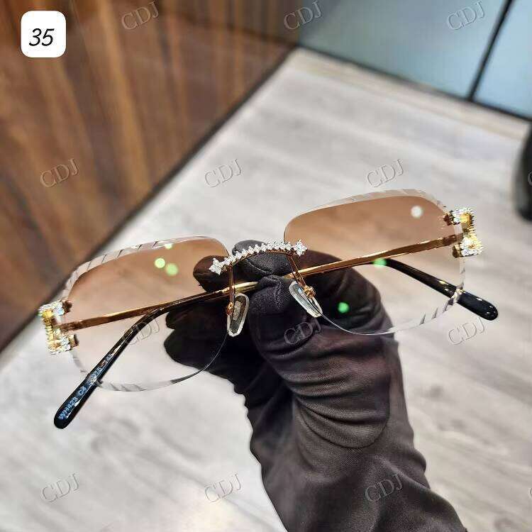 Luxury Glasses Light Brown Shade Frame Iced Out Hip Hop VVS Moissanite Stainless Steel fashion Men Sunglasses