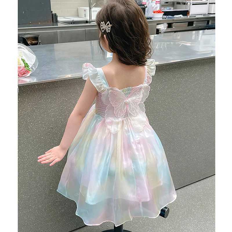 1-8 Years Cute Summer Princess Girls Dress Gradient Rainbow Butterfly Decoration Mesh Dress For Girls Party Prom Gown Clothes R250707