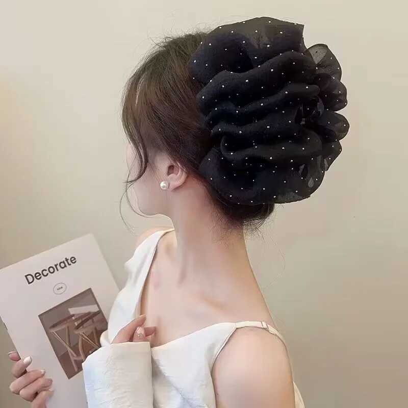 Summer Sweet Mesh Tulle Big Bow Hair Claw Clips for Women Solid Colors Elegant Bowknot Ponytail Clip New Hair Accessories Y250707