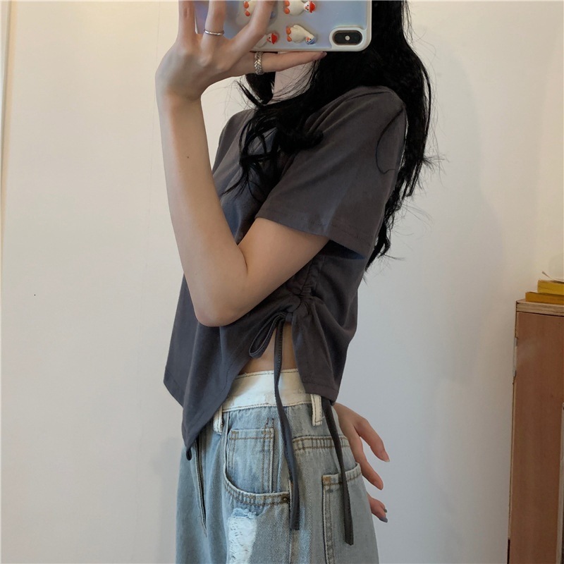 2025 Summer new women's T-shirt irregular drawstring short sleeved women's T-shirt summer Korean style spicy girl top new designer T-shirt