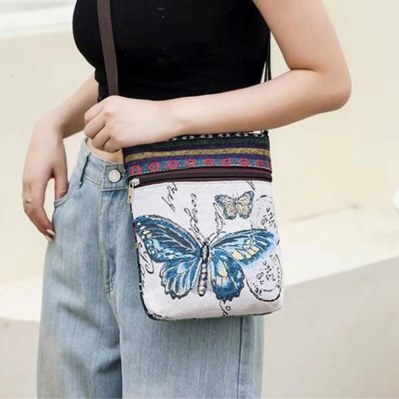 Women Small Canvas Embroidered Phone Shoulder Retro Ethnic Style Travel Outdoor Messenger Crossbody Bag ddmynov