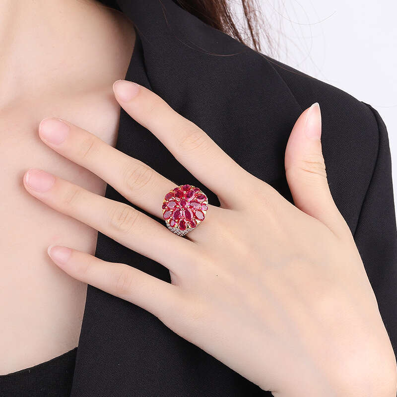 Pigeon Blood Palace Style Flower Blue Cubic Zirconia Red Corundum Gemstone Adjustable Ring D07