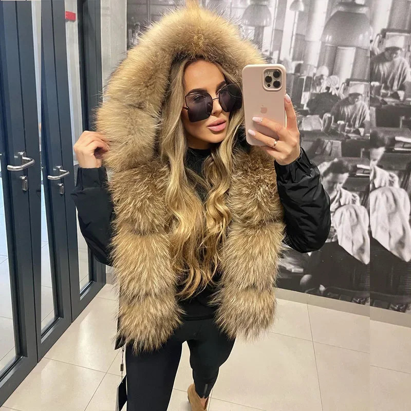 MAOMAOKONG Fashion Short Women Natural Fox Fur Raccoon Fur Collar Winter Parka Bomber Jacket Waterproof Coat Cotton-padded 250703