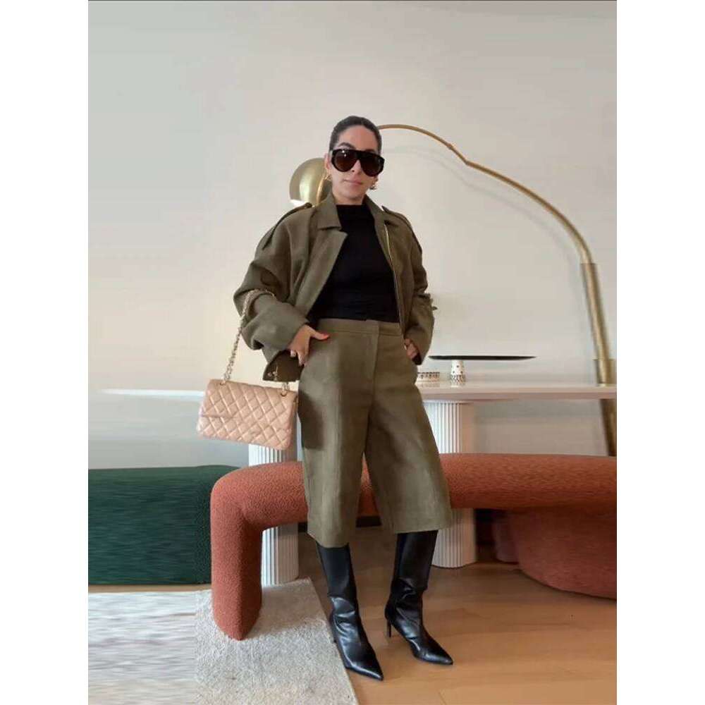 Vintage Suede Lapel Jacket for Women Casual Zipper Long Sleeve Female 2025 Spring New Lady Pockets Short Coats Streetwear