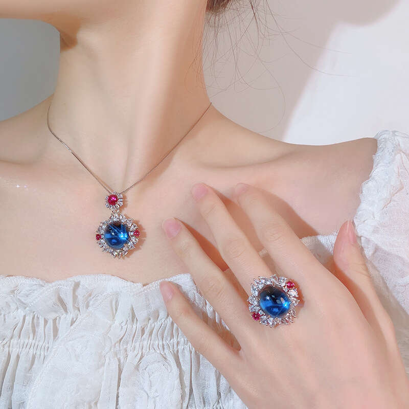 Huayoumei New Jewelry Set Necklace Ring Blue Cubic Zirconia Fashion Style For Women 8F8