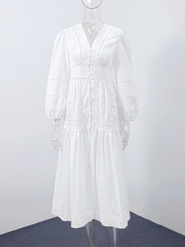 Elegant V Neck Long Puff Sleeve Embroidery Female Dress Chic Hollow Out A line Madi Dresses for Women Fashion Spring Lady Robes 250703